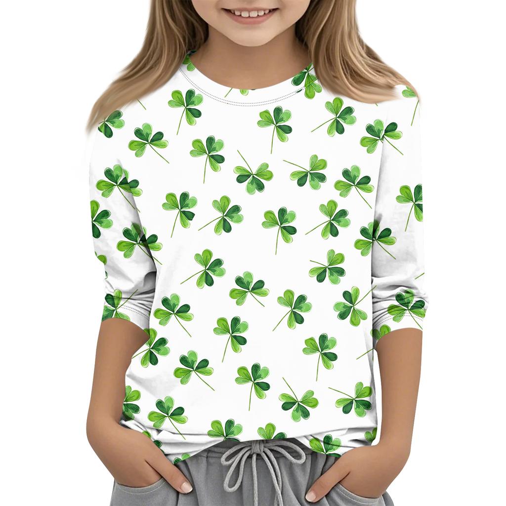 St. Patrick's Day Print Tops For Youth Girls 4-11 Years Round Neck 3/4 Sleeves T-Shirts Trendy Tops Outfit Tees