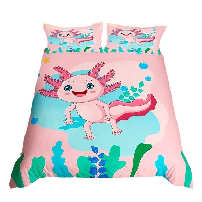 Cartoon Salamander Bedding Set, Maple Leaf Duvet Set, Microfiber Marine Life Three-Piece Set.