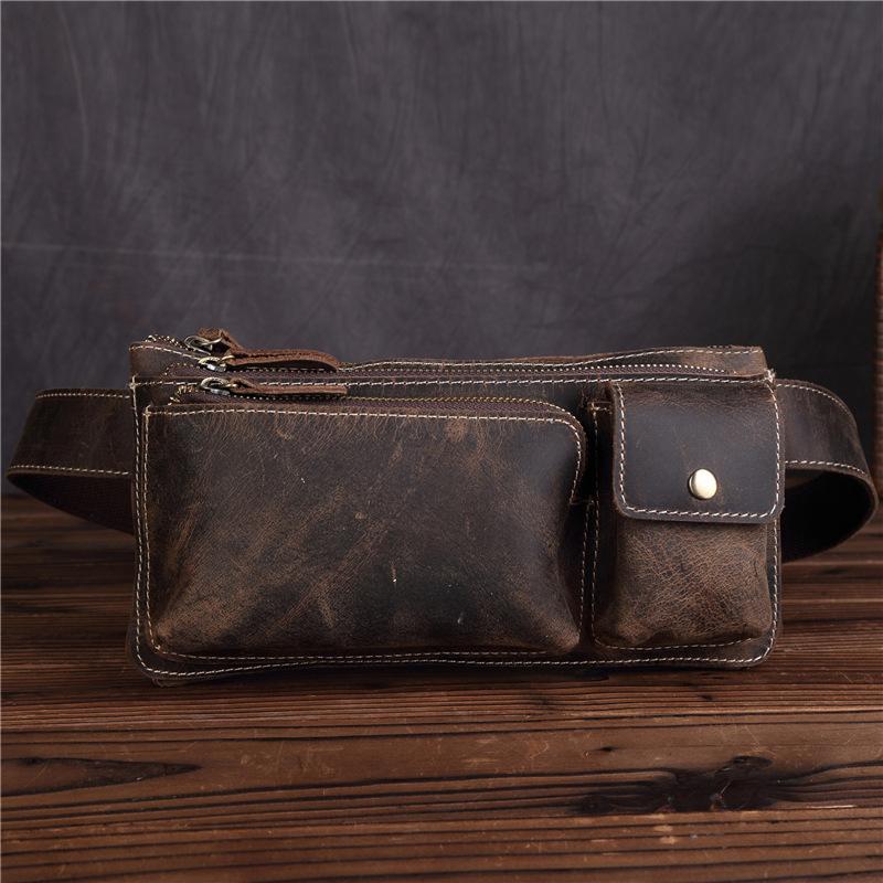 Sac banane, Cuir Véritable, Bandoulière Décontractée Homme, Cuir de Vachette Superposé, Caisse Enregistreuse Multifonctionnelle, Sac pour Téléphone Portable, Sac Rétro Décontracté