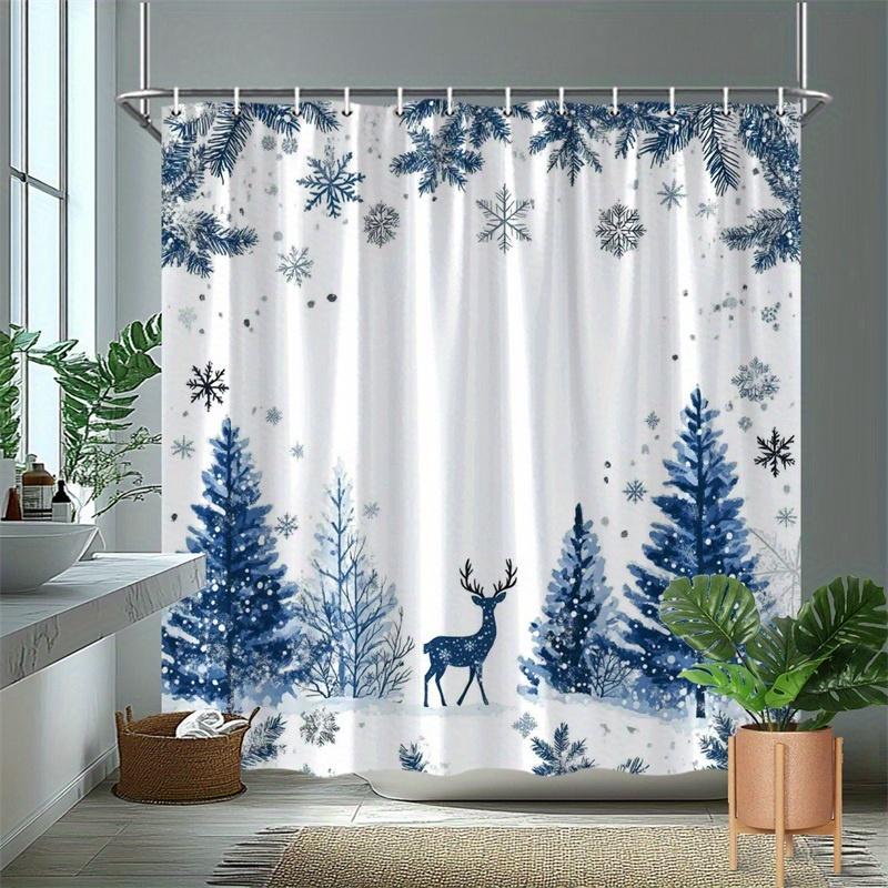 GAE1pc Blue watercolor Christmas deer pattern shower curtain, polyester fabric, machine washable, suitable for bathroom decora
