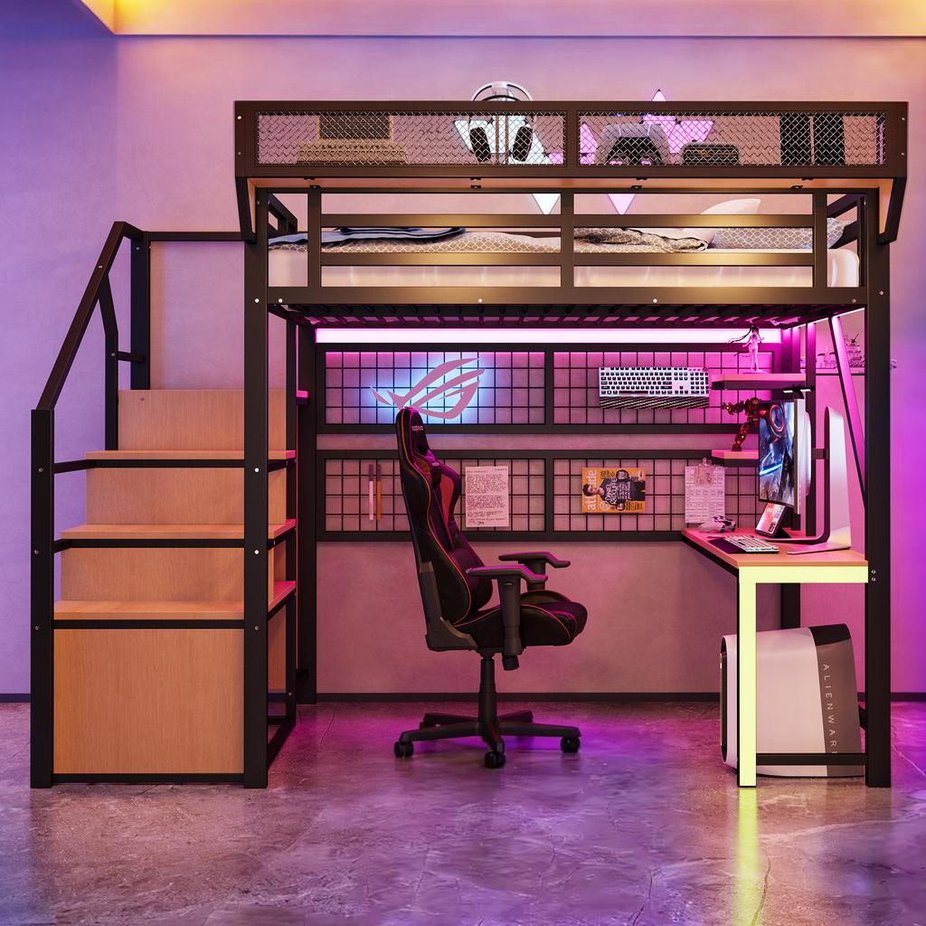 Metall-Hochbett 140 × 200 cm, Mit Schreibtisch, Regal und Netz, Komplett mit Sicherheitsleiter, LED-Beleuchtung und Steckdose, Erhöhte Bettreling, Schwarz