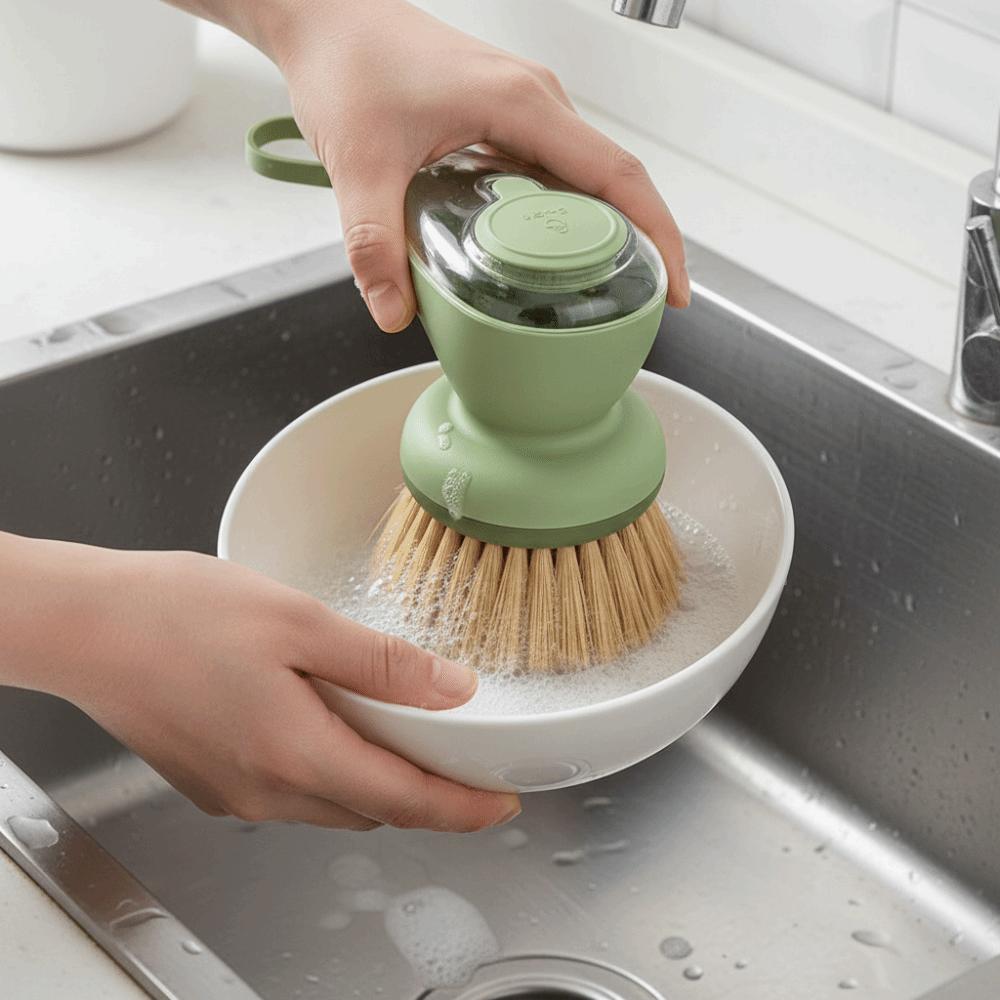 2 Stück/Set Automatischer Flüssigkeitsspender-Topf mit Druckknopf und Bürste Effizienter Küchenschwamm Geschirrreinigung