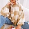 Women's Crew Neck Long Sleeve Knit Top Loose Fit Lazy Casual Sweater Color Block Plaid Pullover Knitwear