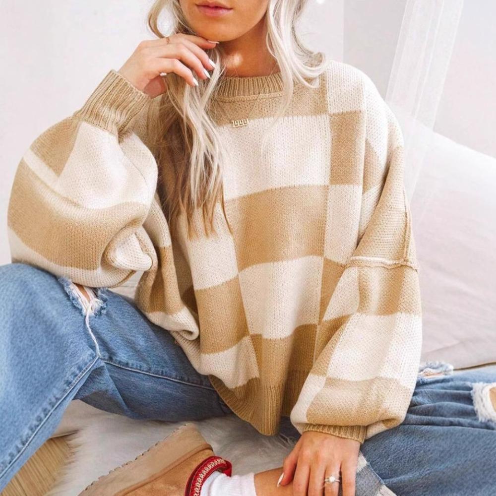 Women's Crew Neck Long Sleeve Knit Top Loose Fit Lazy Casual Sweater Color Block Plaid Pullover Knitwear