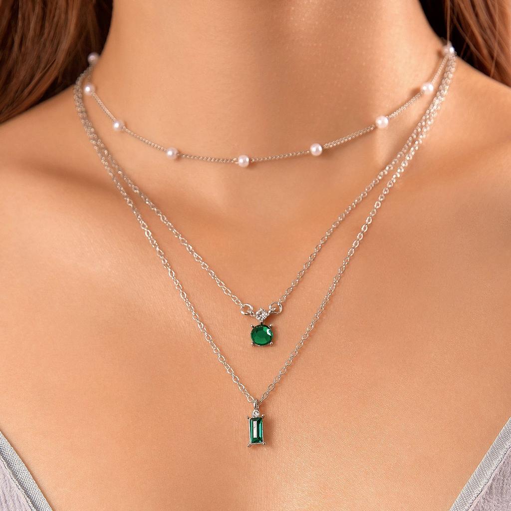Sweater Chain Creative Retro Imitation Grandmother Blue-green Pearl Chain Multi-layer Necklace Simple Three-layer Collarbone Chain