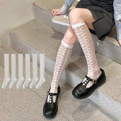 Calcetines de Seda de Cristal Medias Mujer Verano Ultra-finos Transparentes Nylon Calcetines Largos Estampado de Corazón Lolita Kawaii Calcetines Media para Mujer
