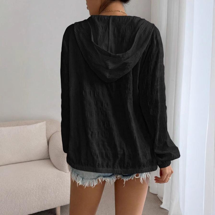 Summer Thin Long-sleeved Hooded Solid Color Coat, Autumn Hooded Shirt, Loose Top
