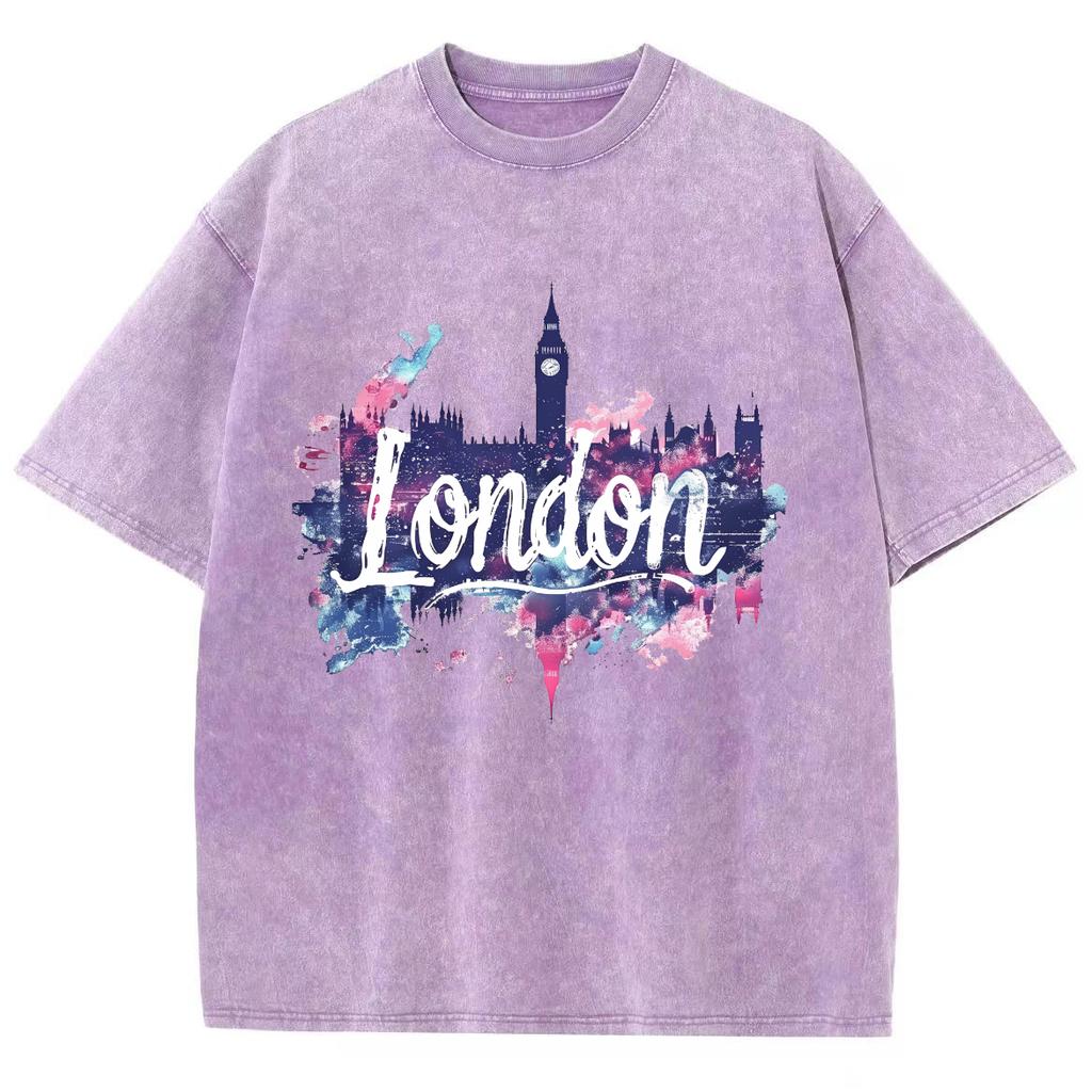 Londyn T-shirt Damski z Nadrukiem Listów Rozpryskanych Tuszem Bawełna Płukana Oversize Krótki Rękaw Moda Marka Modowa Top Uliczny Czarny