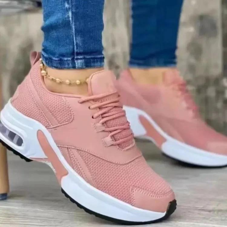 

Single shoe European and American new fashionable low top shoes Dad round toe mid heel lace up mesh casual style sports shoes 35 розовый
