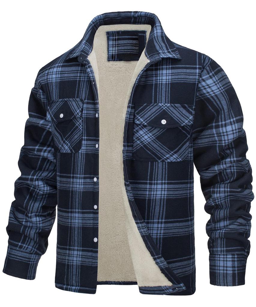 Men's 2023 Fleece-Lined Plaid Jacket - Long-Sleeve, Turn-Down Collar, Single-Breasted, Loose Fit