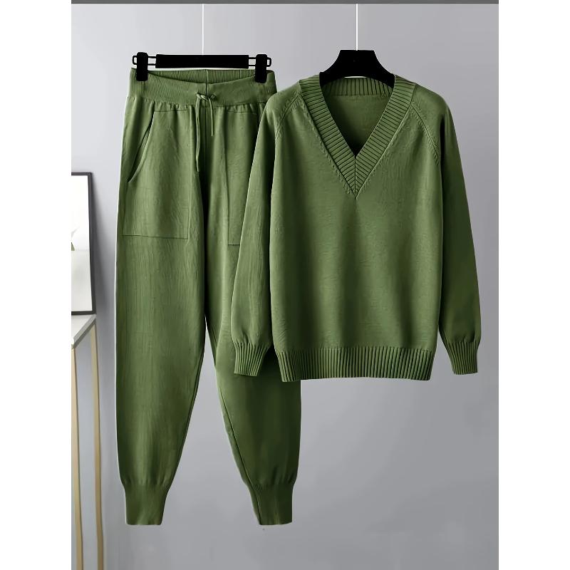 Two Piece Women Knit Sport Suits V Neck Women Sweater Drawstring Harem Pants Jogging Pants Pullover Sweater Set Knitted Outwear