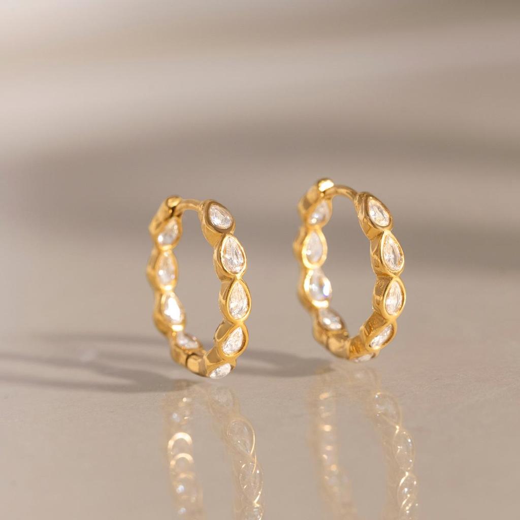 18K Gold Plated Stainless Steel White Zircon Water Drop Ear Studs for Women - Classic Style