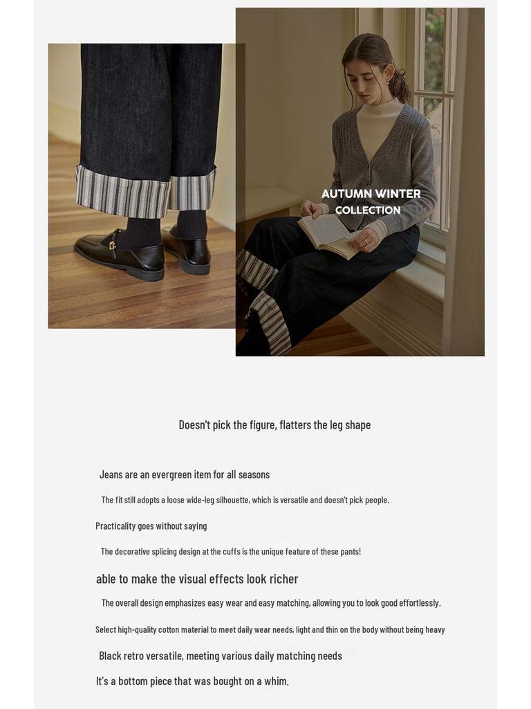 Women's Striped Patchwork Retro Wide-Leg Jeans: Slimming, Elastic Waist, Straight-Leg Pants for Spring