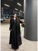 Women's Spring Collection: Black Slimming Ruffle Long Dress with Turn-Down Collar and Waist-Cinching Design
