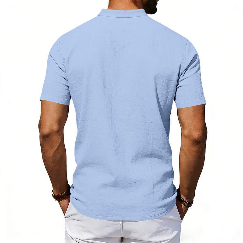 Herren Leinenmischung Hemd mit Mandarin-Kragen Kurzarm, Stehkragen Button-Down mit Brusttasche, Atmungsaktives Lässiges Sommer Oberteil mit Entspannter Passform für den Alltag