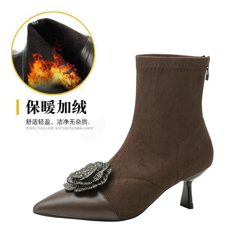 High-heeled Short Boots Women's 2025 New Winter Pointed-toed Thin-heeled Chelsea Women's Boots Rhinestone Flower Medium Tube Women's Boots