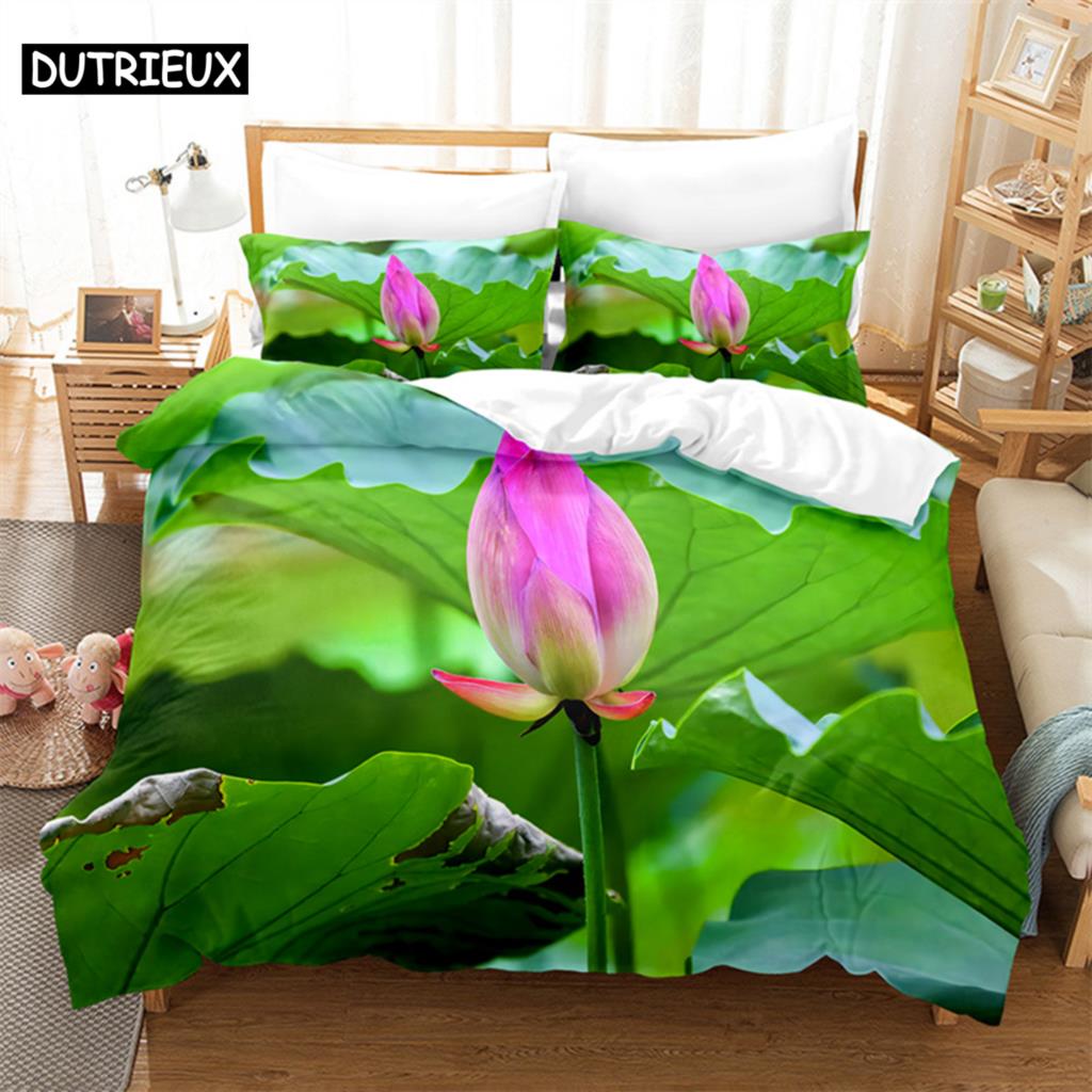 Pink Lotus Queen Bedding Set Green Duvet Cover Set Kids Bedding Digital Printing Bed Linen King Size Duvet Cover Set Bedding Set