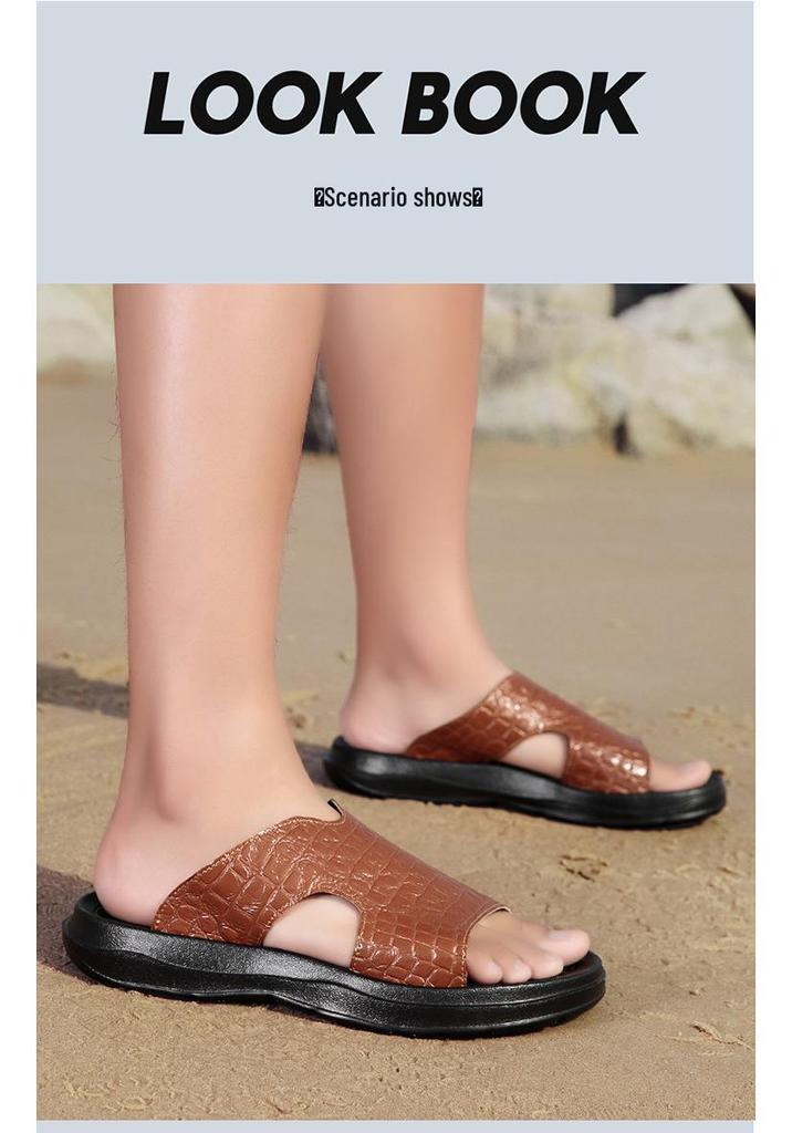 Men's Crocodile Pattern Leather Beach Sandals - Non-slip, Wear-resistant, Soft Sole, Summer Slippers (Size 46)