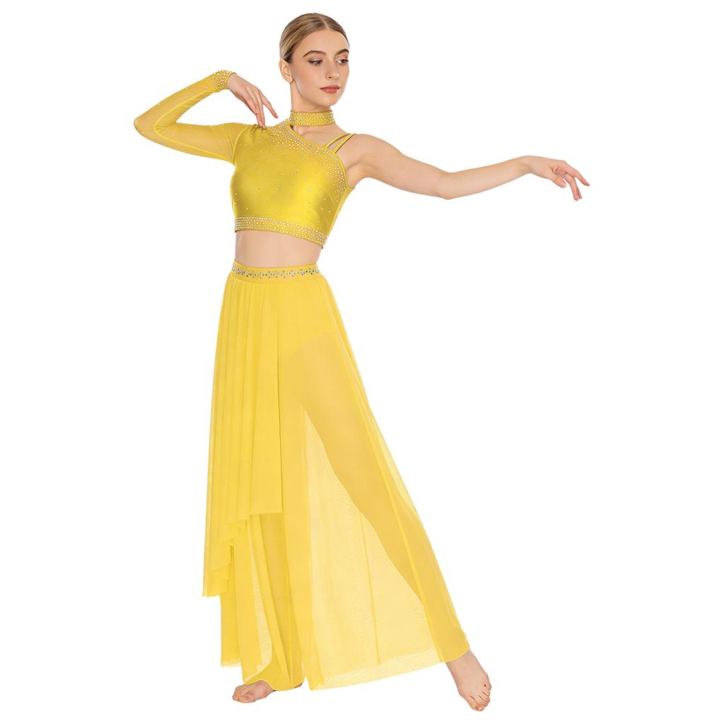 Damen Lyrisches Tanz Performance Set S-XXL: Asymmetrisches Crop-Top mit einem Ärmel, Strasssteinen & locker sitzende Überwurfhose