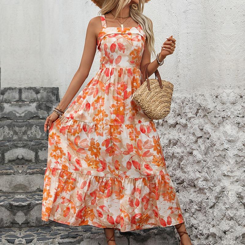 Summer Backless Straps V-neck Floral Print Dress