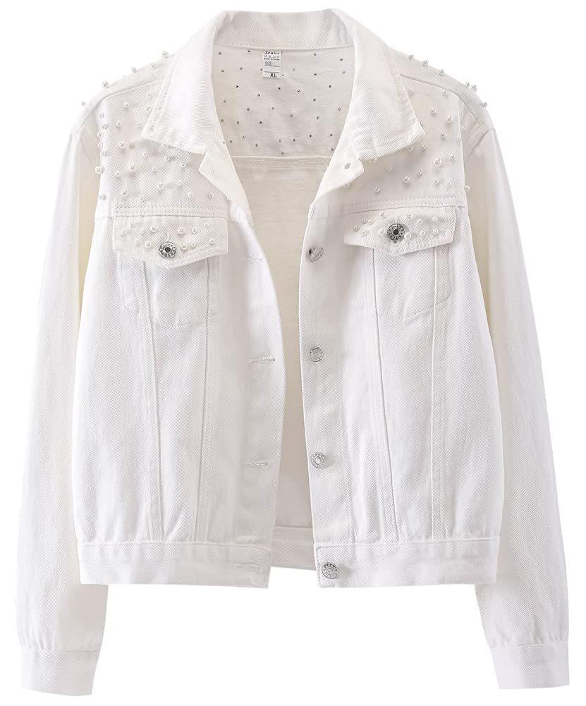 Women's Plus Size Studded Rhinestone Denim Jacket with Pearl Beading