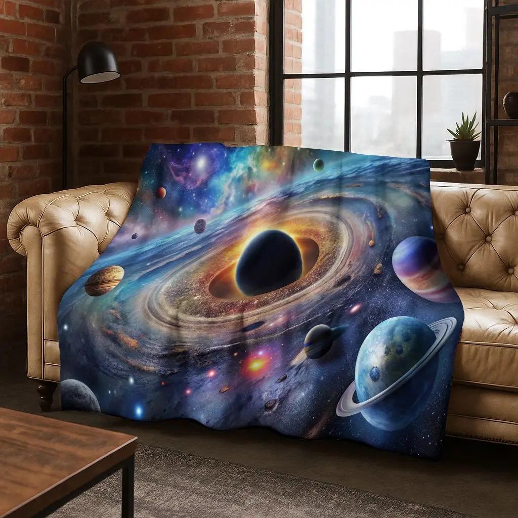 Dreamy Galaxy Universe Space Stars Black Hole Earth Flannel Blanket,Cozy Soft Throw Blanket For Home Bedroom Bed Sofa Cover Gift