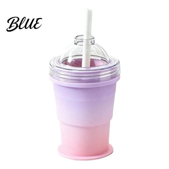 Non-breakable Ice Ball Maker Cup with Lid And Straw 2-in-1 Foldable Silicone Travel Straw Drinking Cup Portable Iced Beverage for Outdoor