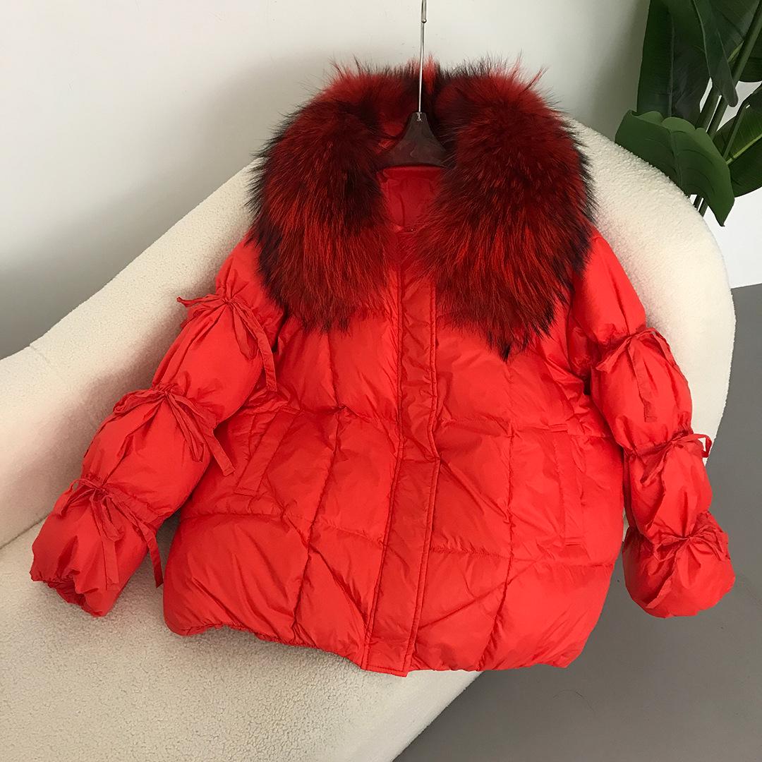 

Женская куртка на белом утином пуху 2024 года, зима/осень, с большим воротником из лисьего меха и галстуком-бабочкой Large