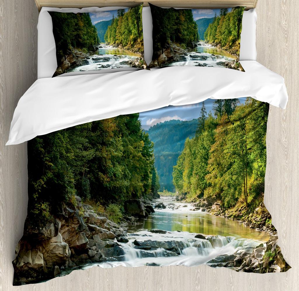 Mountain and Flowing Water Duvet Covers for Teens Adults Queen Quilt Cover with 2 Pillowcase Mountain River Bedding Set No Quilt