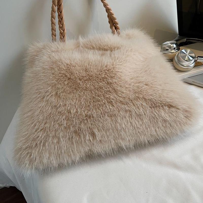 Women Fashion Plush Shoulder Bag Solid Color Woven Strap Large Capacity Soft Material Lightweight Daily Commute Handbag KTB