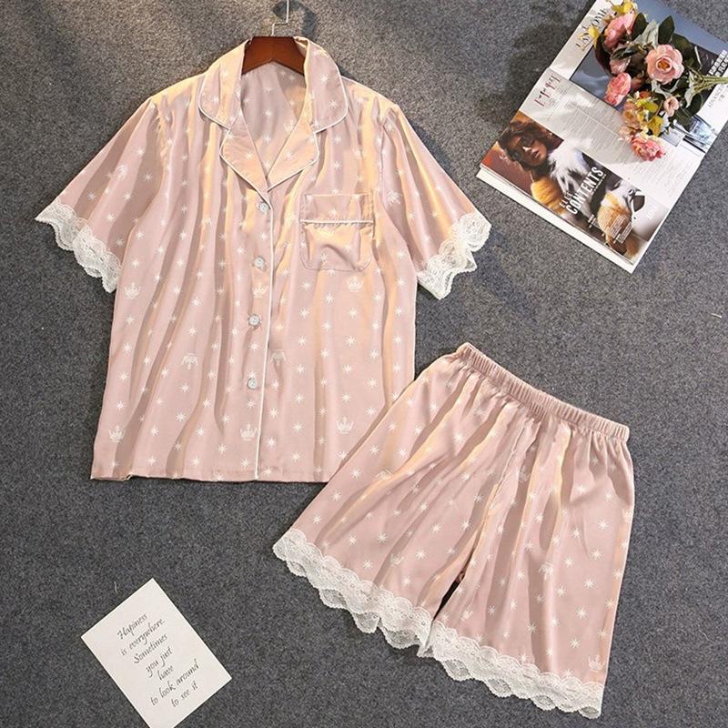 

Стильный и простой стиль Мелкий принт Летний костюм с шортами с коротким рукавом Свободный и удобный Костюм для дома из искусственного шелка XL