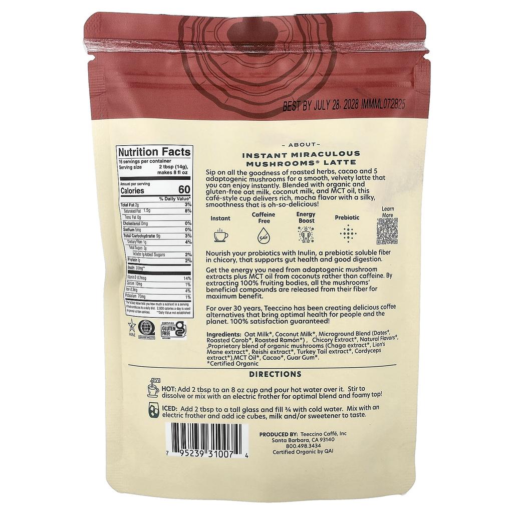 Teeccino, Instant Herbal Latte, Miraculous Mushroom, Caffeine Free, 7.9 oz (224 g)