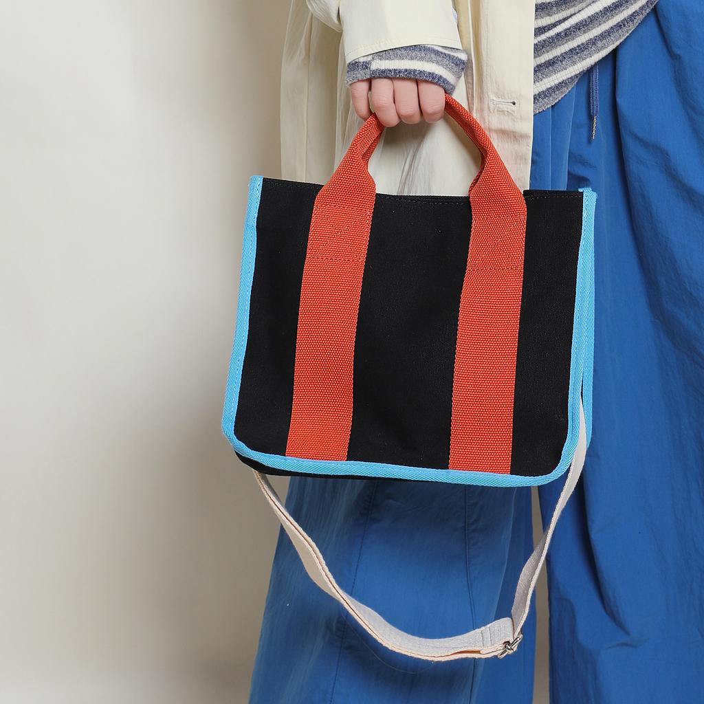 Korean Premium Canvas Portable Small Square Bag Shoulder Bag Size Contrasting Color Commuter Hand Carry Commuter Bag Messenger Bag