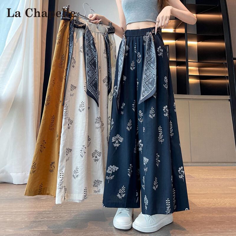 La Chapelle Women s Printed Ice Silk Cotton Linen Wide-Leg Cropped Pants L