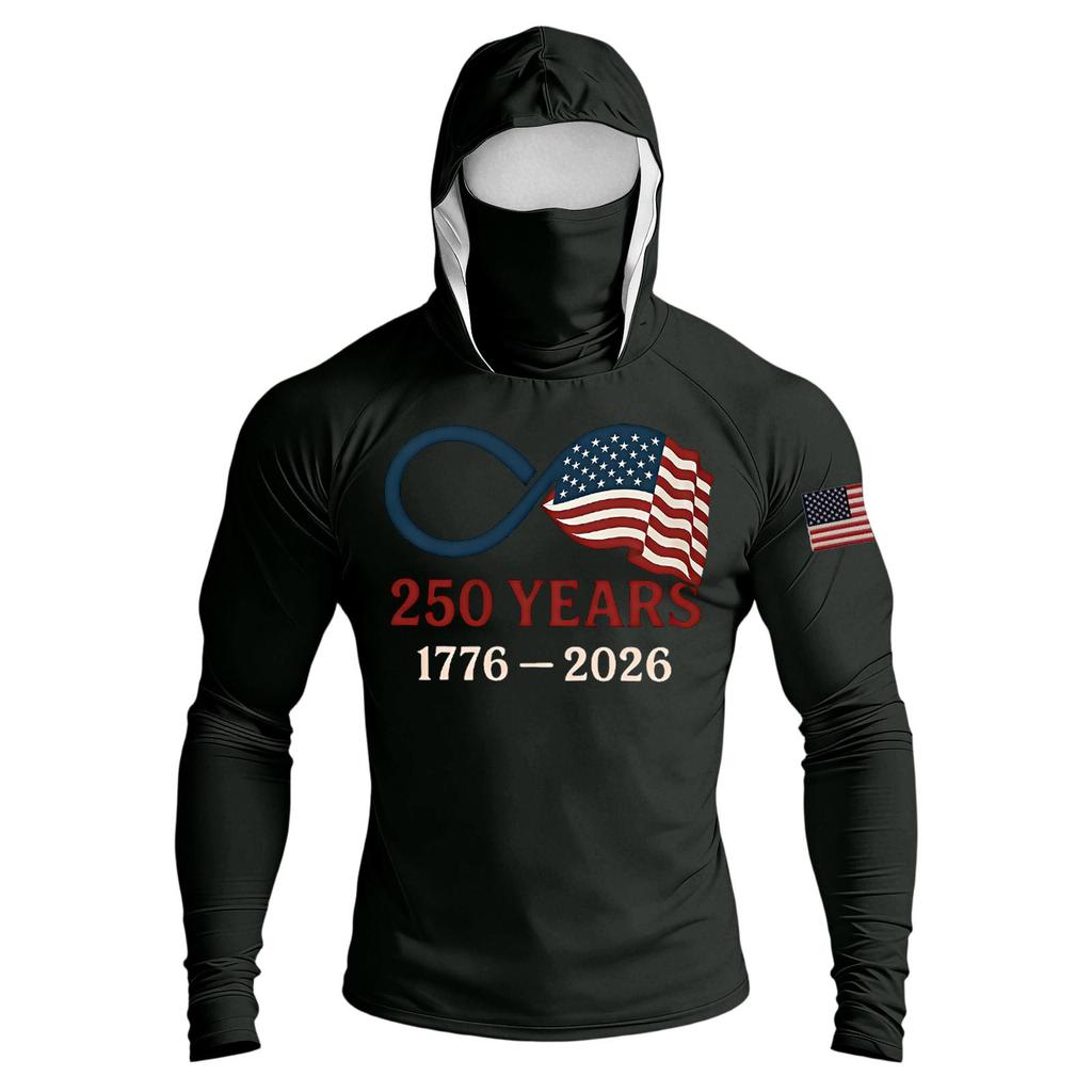 Men's Raglan Sleeve Hooded Long Sleeve Sun Top with Printed Front and Sleeve Design for Outdoor Activities