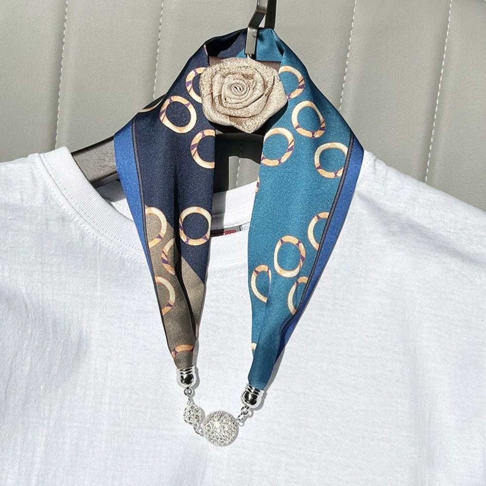 Pearl Diamond Silk Scarf Korean Retro Women's Scarf Chain Magnetic Buckle Scarf  Effortless Styling