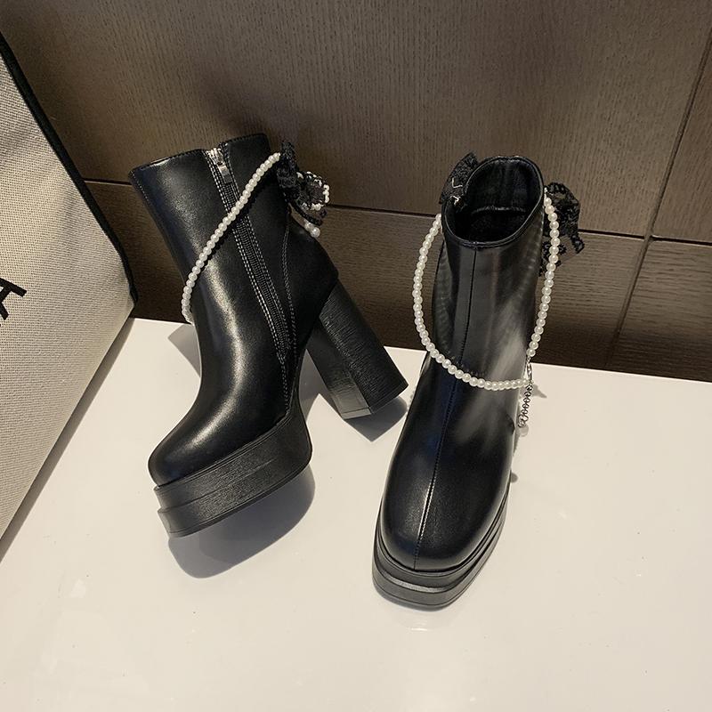 Fashion French Mid-Thigh Boots Women's Chunky High Heel Platform Pearl Buckle Korean Plus Size Ankle Boots