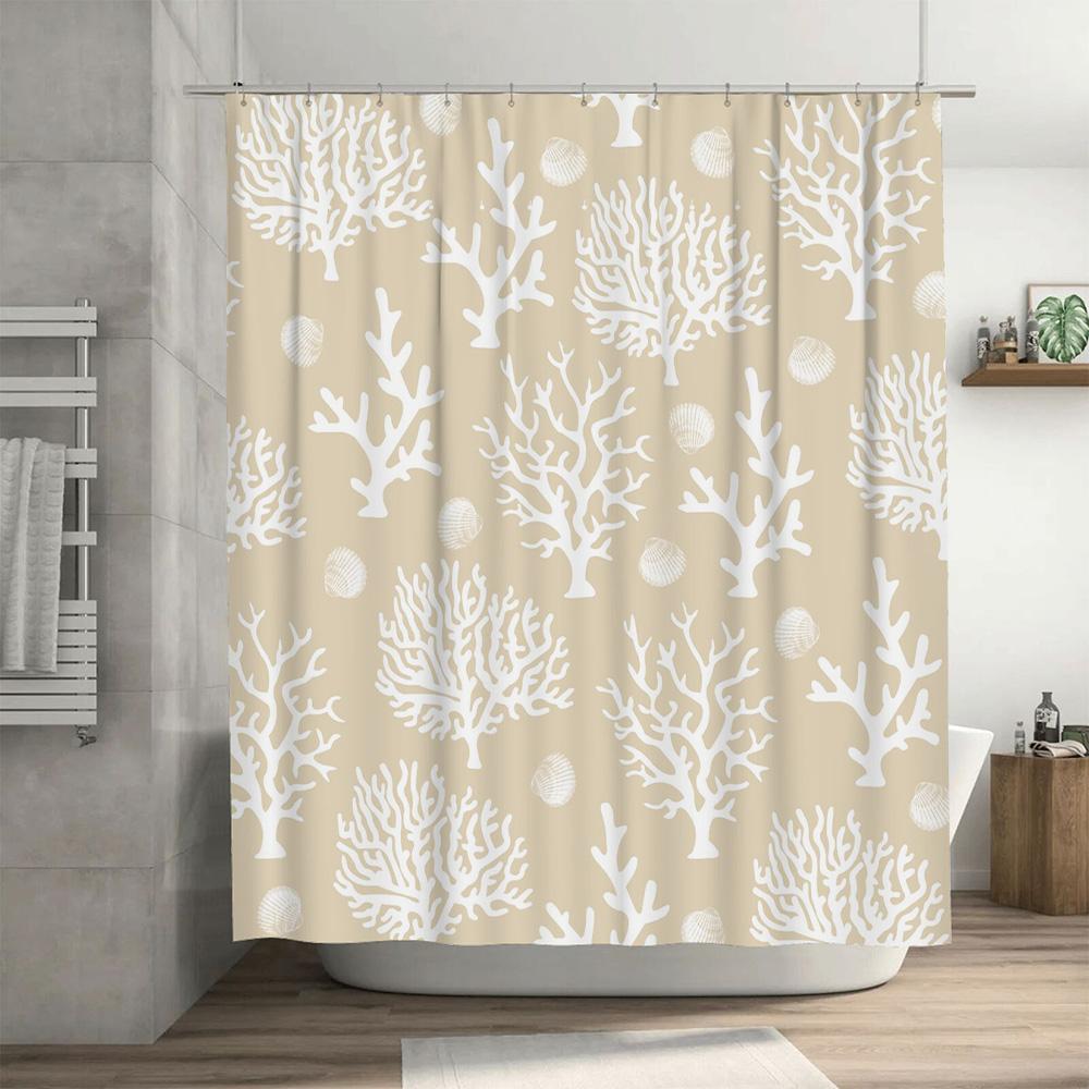 Corals Printed Shower Curtain White Coral Reef Pattern Bathroom Decoration Waterproof Fabric Shower Panel Liner Beige Color (180