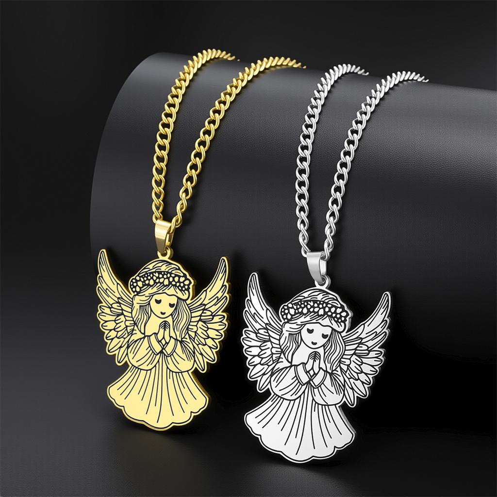  Fashion Angel Girl Necklace for Women Stainless Steel Elegant Pray Amulet Pendant Chain Birthday Jewelry Best Gift
