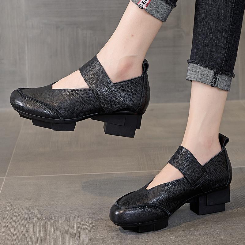 Fashion GKTINOO Retro Thick Heel Women Shoes Hook Loop Mary Jane Loafers Luxury 5 Cm Pumps Genuine Leather Sewn Square Heel Single Shoes