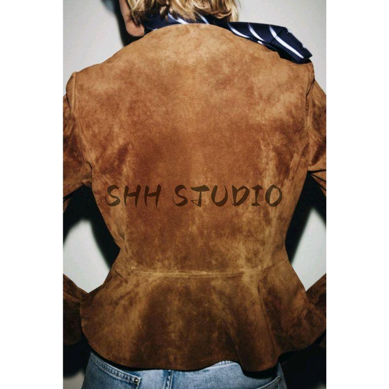 Fall New Women's Clothing French round Neck Long Sleeves A- line Hem Pu Imitation Leather Jacket Outwear 6318232