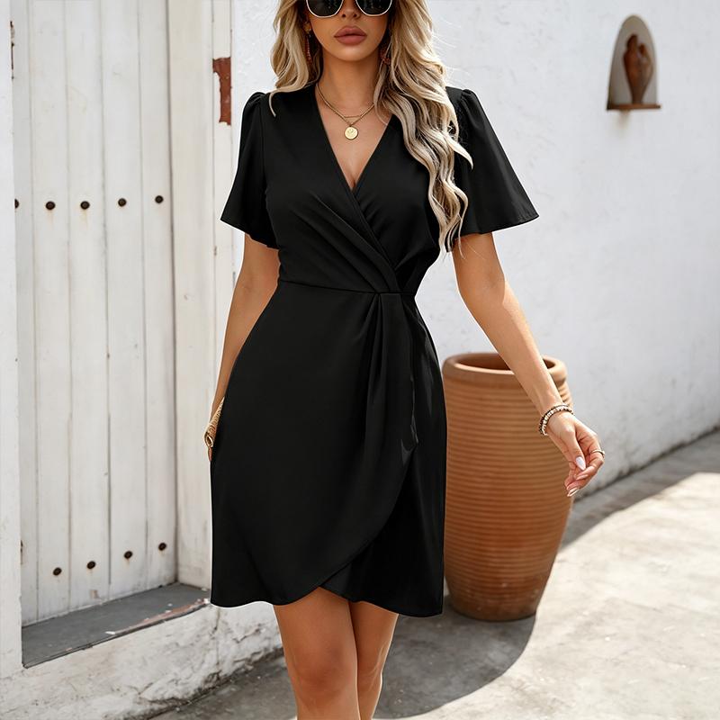 Vestido cruzado de manga abullonada con cuello en V para mujer, Vestido mini de línea A con cintura fruncida de color liso, Elegante vestido casual de verano para fiesta