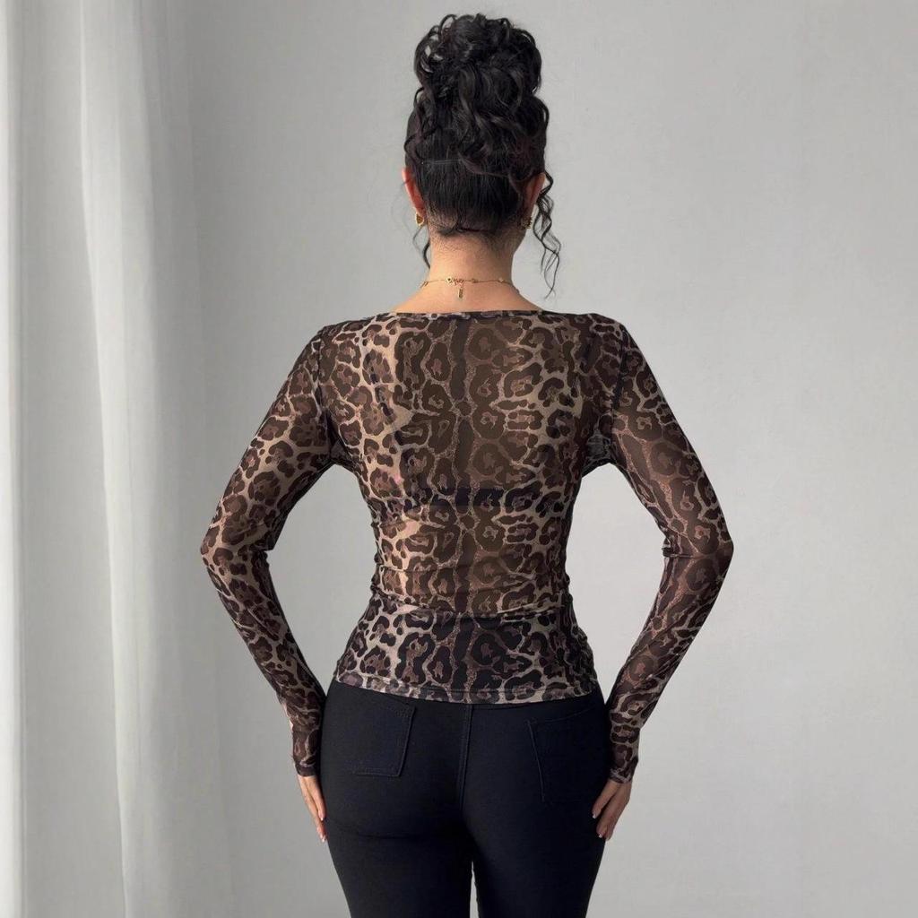 2025 Fashion Transparent Leopard Print Mesh Long Sleeve Slim Fit T-shirt