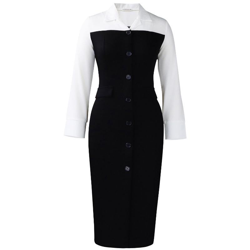 Women Elegant Business Long Sleeve Blazer Collar Patchwork Pencil Midi Dress
