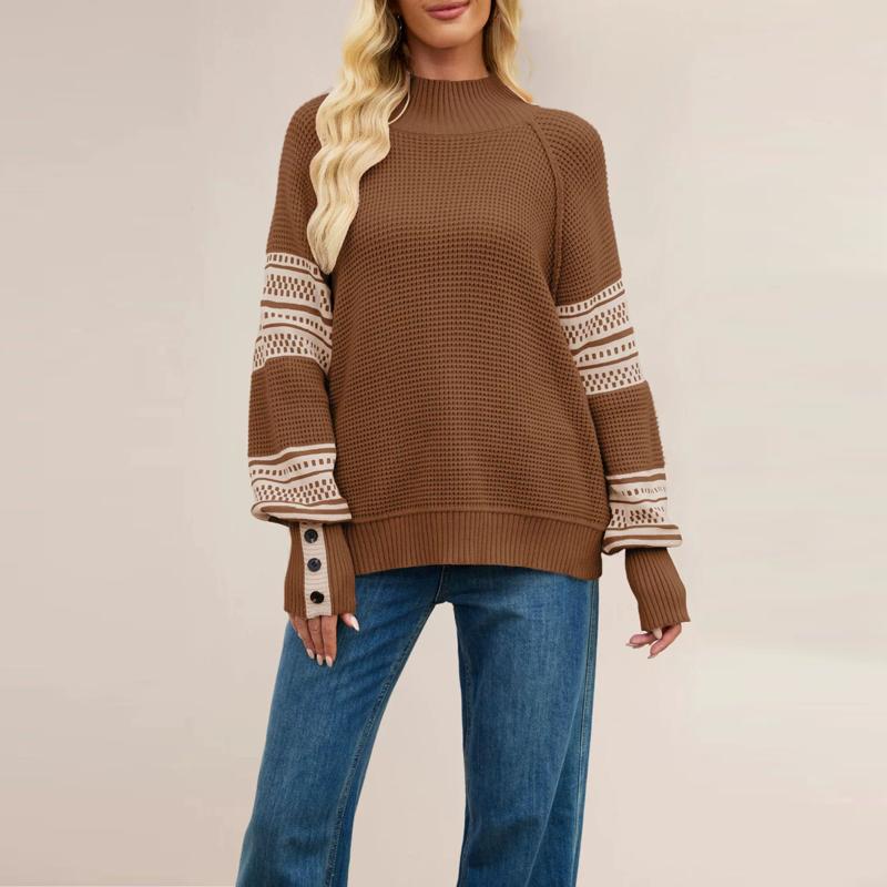 Autumn Winter Women Mock Neck Knitted Sweater Fashion Patchwork Knit Pullovers