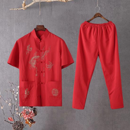 2 bucăți/set costum casual de vârstă mijlocie stil chinezesc cu model dragon cu mânecă scurtă cu un singur piept Topuri cu talie elastică set de pantaloni lungi