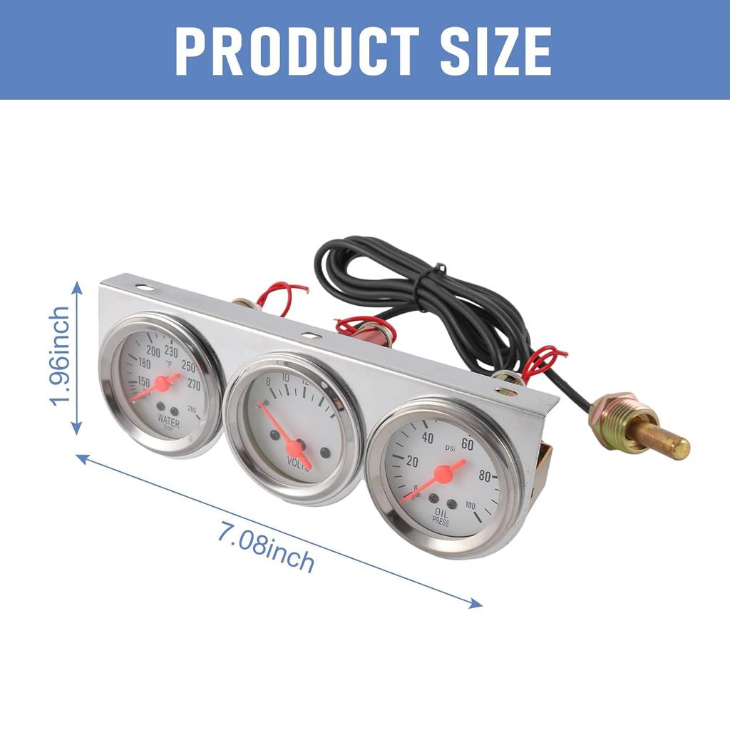 JDMSPEED 2 Inch Triple Gauge Set - Oil Pressure, Water Temp, Volt Meter (Oil: 0-100 PSI, Water: 100-280F, Volt: 8-16V) - Fits GM, Ford, Mopar & More