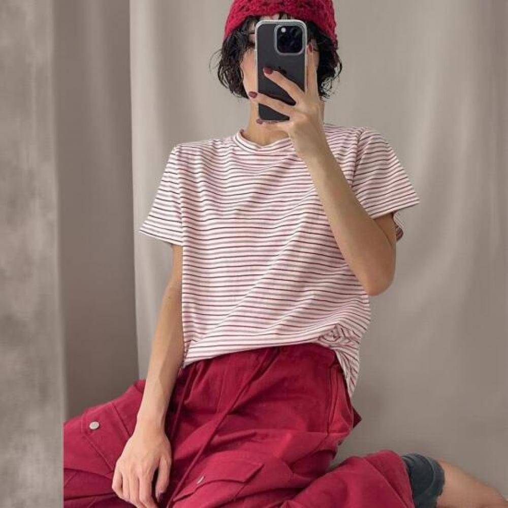 New Arrivals Open Run Women STripe Round Neck ConTrasT ShorT Sleeve T shirT