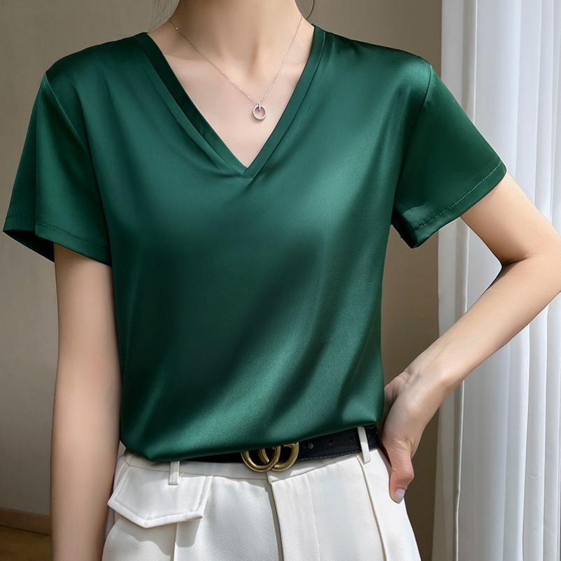 Silk Satin Spring and Summer Women's Short Loose V-neck Solid Color Temperament Simple Inner Short-sleeved T-shirt