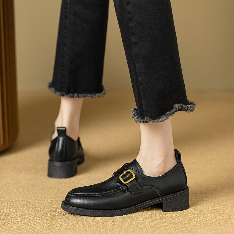 British Style Thick Heel Shoes Spring Autumn Belt Buckle Single Shoes Female Comfortable Round Head Non-slip Slip on Loafers
